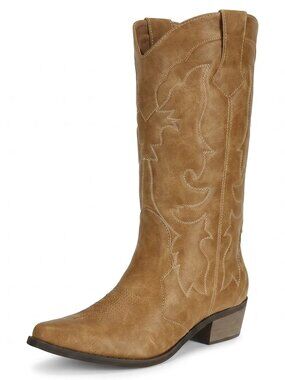 Ladies Tan Faux leather Cowgirl Boots for Women Calf Fashion Western Shoes